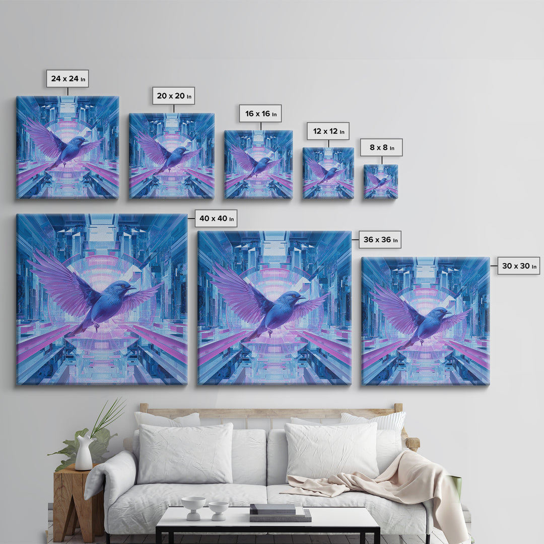 Futurist Bird Made of Panels and Light Framed Canvas Print, Futuristic Art, Statement Artwork, Living Room Decor, Future, FUT-1x1-70