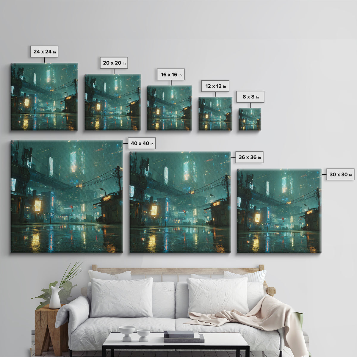 Digital Aurora Above a Clean White City Framed Canvas Print, Futuristic Art, Space Art, Living Room Decor, Abstract Art, Future, FUT-1x1-72