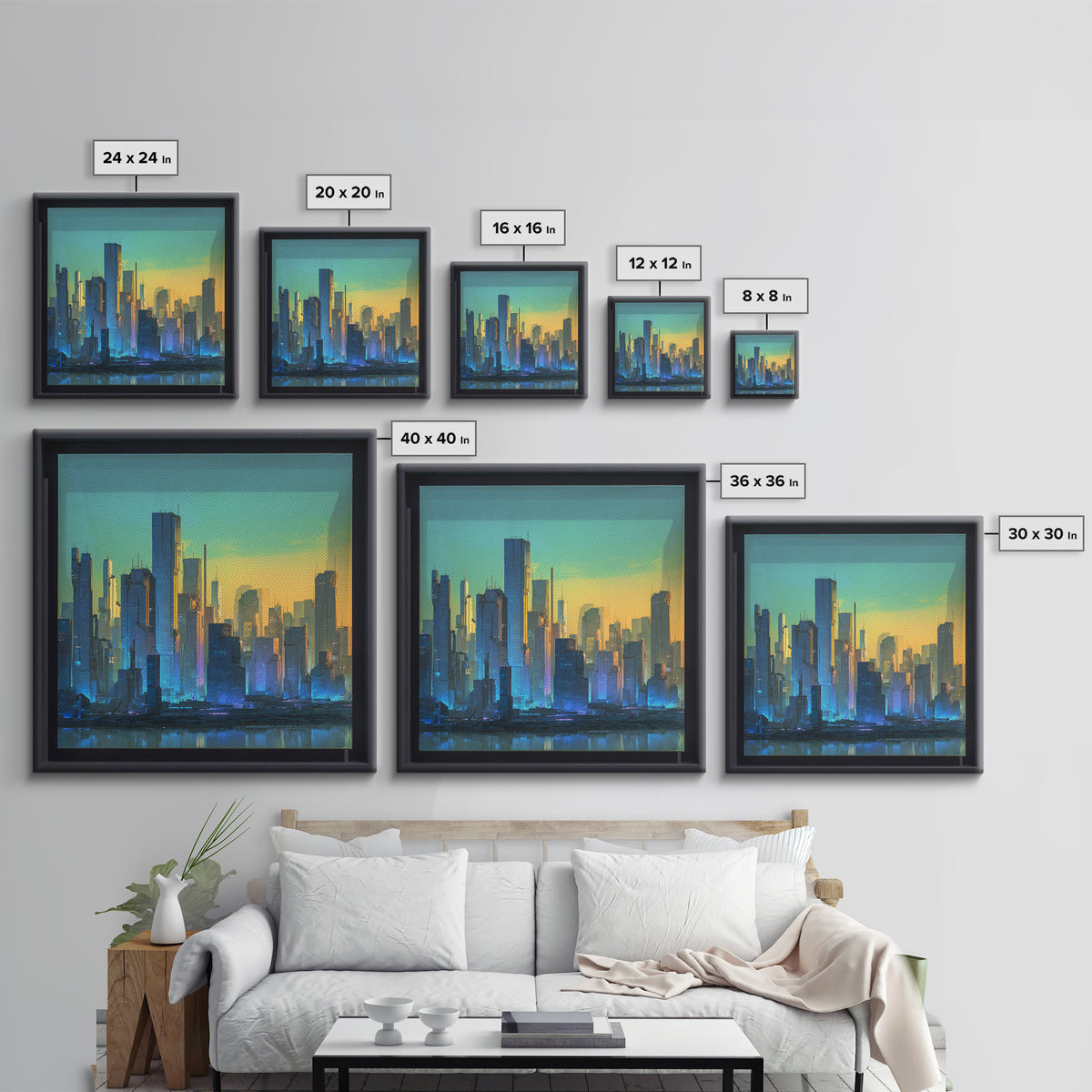 Sleek Chrome City Skyline Framed Canvas Print, Futuristic Art, Modern Wall Art, Living Room Decor, Abstract Art, Future, FUT-1x1-73