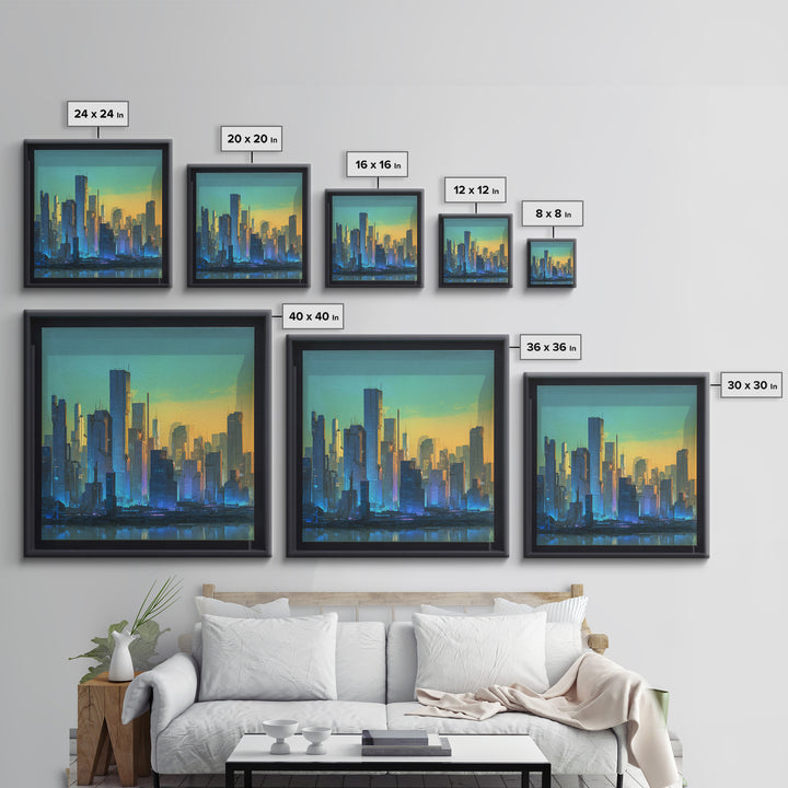 Sleek Chrome City Skyline Framed Canvas Print, Futuristic Art, Modern Wall Art, Living Room Decor, Abstract Art, Future, FUT-1x1-73