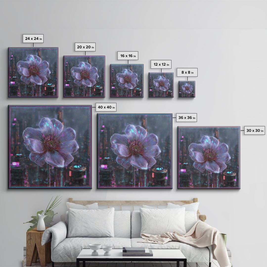 Holographic Flower Rendered Framed Canvas Print, Futuristic Art, Home Decor, Living Room Decor, Future, Unique Wall Art, FUT-1x1-78