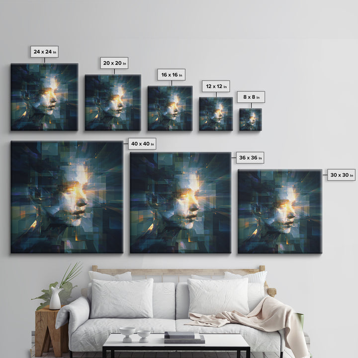 Abstract Ai Face Formed from Light Fragments Canvas Print, Futuristic Art, Printable Wall Art, Living Room Decor, Future, FUT-1x1-98