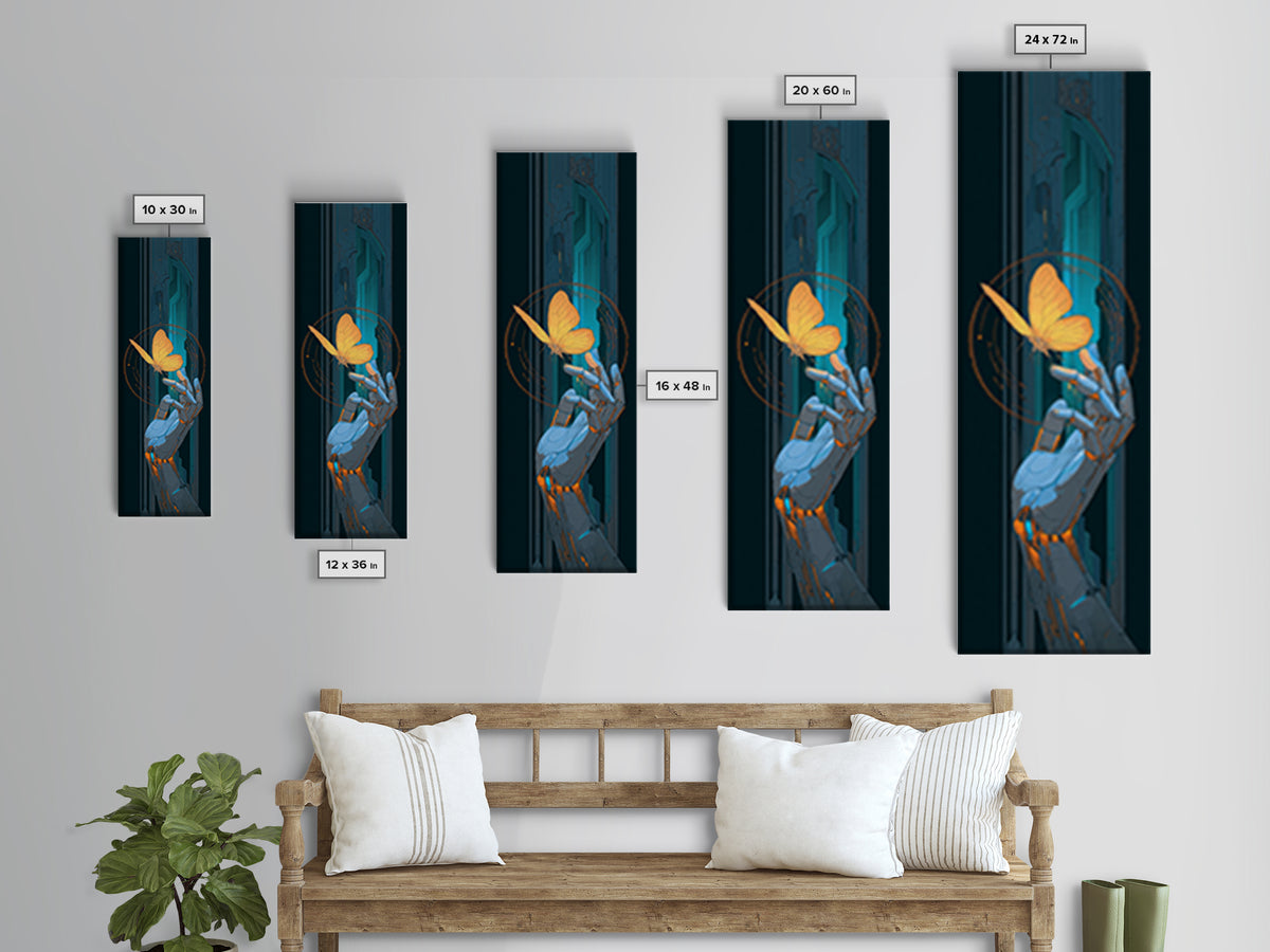 Robotic Hand Holding a Delicate Butterfly Framed Canvas Print, Futuristic Art, Colorful Wall Art, Living Room Decor, Future, FUT-1x3-20