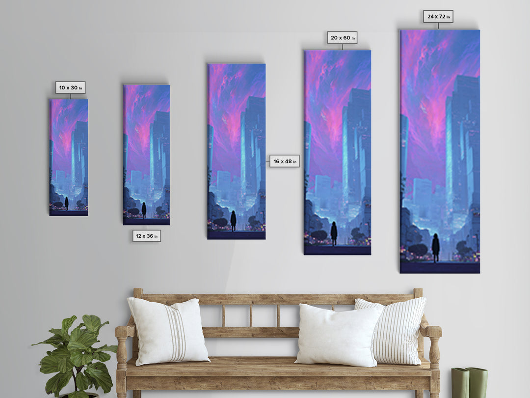 Digital Aurora Above a Clean White City Framed Canvas Print, Futuristic Art, Digital Poster, Living Room Decor, Future, FUT-1x3-36