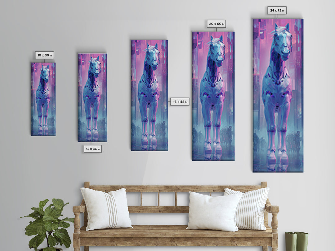 Cybernetic Horse in a Luminous Field Canvas Print, Futuristic Art, Digital Art, Living Room Decor, Future, Landscape Art, FUT-1x3-49