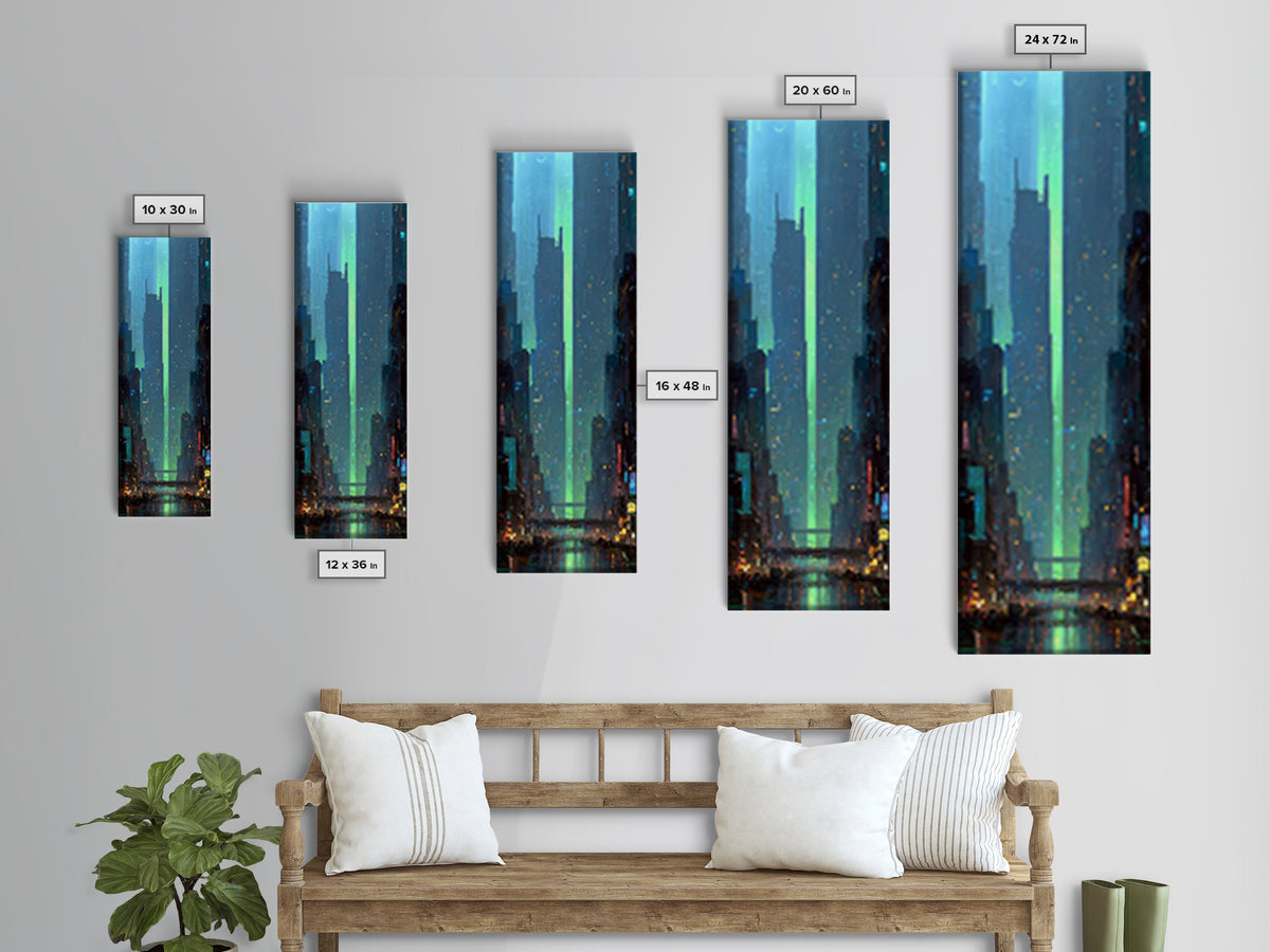 Digital Aurora Above a Clean White City Canvas Print, Futuristic Art, Eclectic Home Decor, Living Room Decor, Abstract Art, FUT-1x3-60