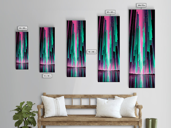 Digital Aurora Above a Clean White City Framed Canvas Print, Futuristic Art, Statement Artwork, Living Room Decor, Future, FUT-1x3-84