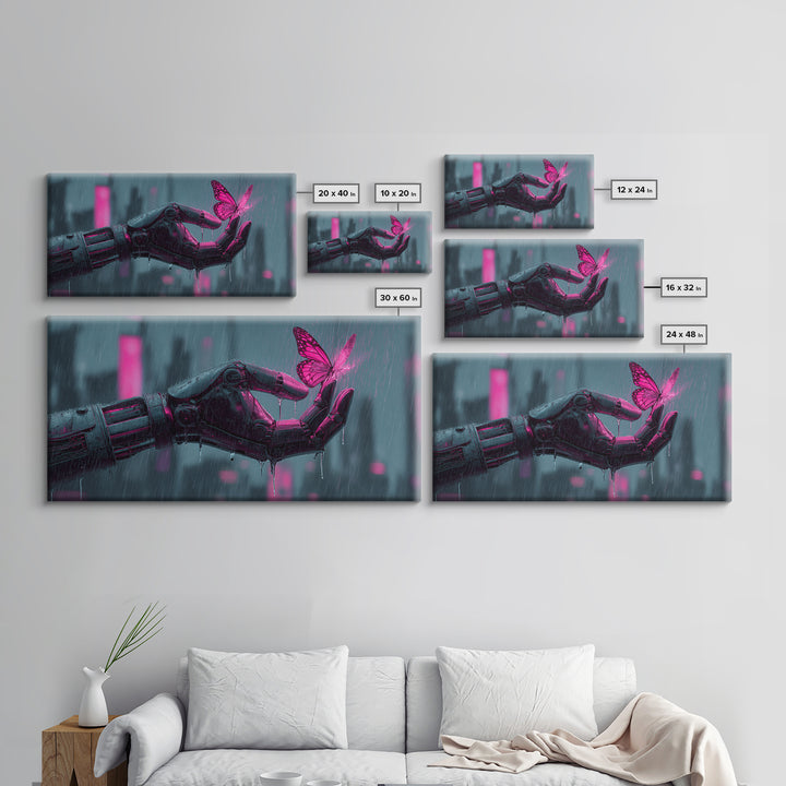 Robotic Hand Holding a Delicate Butterfly Framed Canvas Print, Futuristic Art, Unique Home Decor, Living Room Decor, Future, FUT-2x1-100