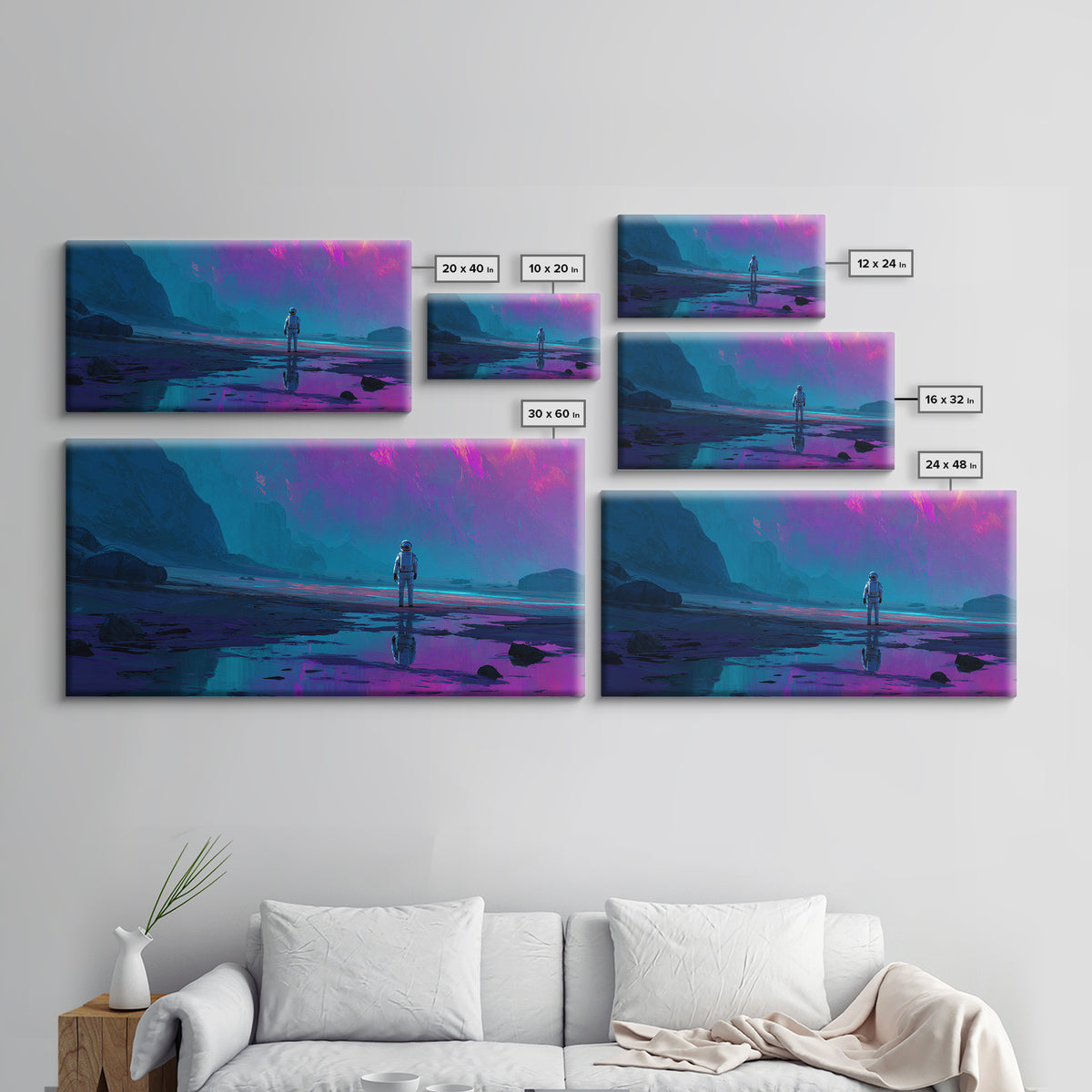 Silver Astronaut Walking Through Neon Desert Canvas Print, Futuristic Art, Steampunk Decor, Living Room Decor, Future, FUT-2x1-25