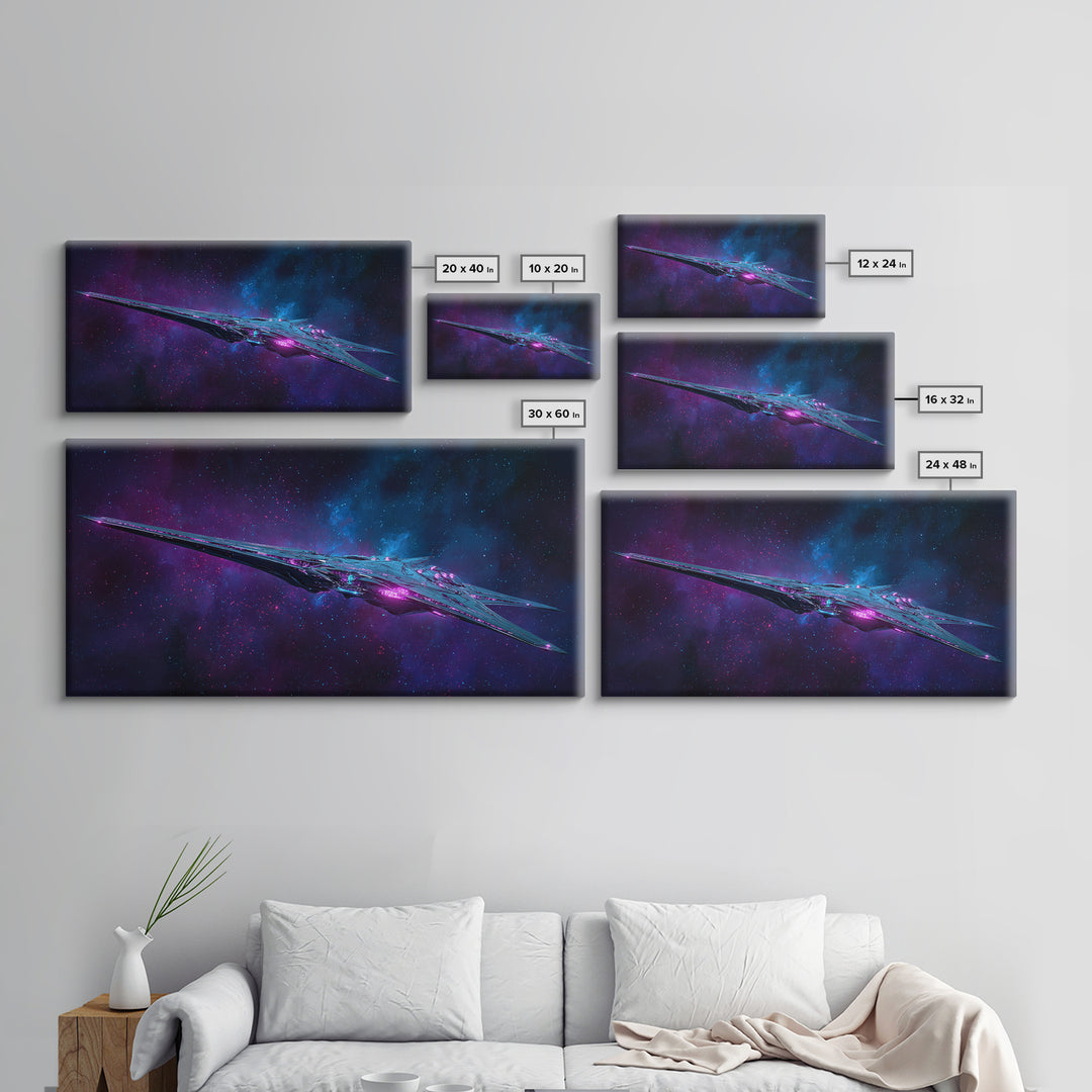 Solar Sail Ship Crossing Star Filled Space Framed Canvas Print, Futuristic Art, Landscape Art, Living Room Decor, Future, FUT-2x1-37
