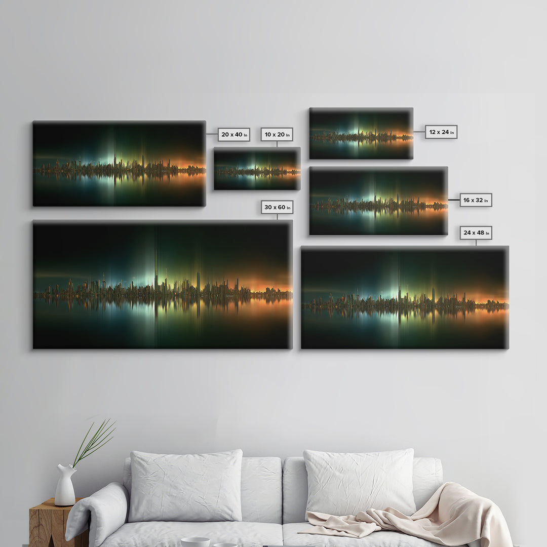 Sleek Chrome City Skyline Framed Canvas Print, Futuristic Art, Contemporary Art, Living Room Decor, Fine Art, Future, FUT-2x1-45
