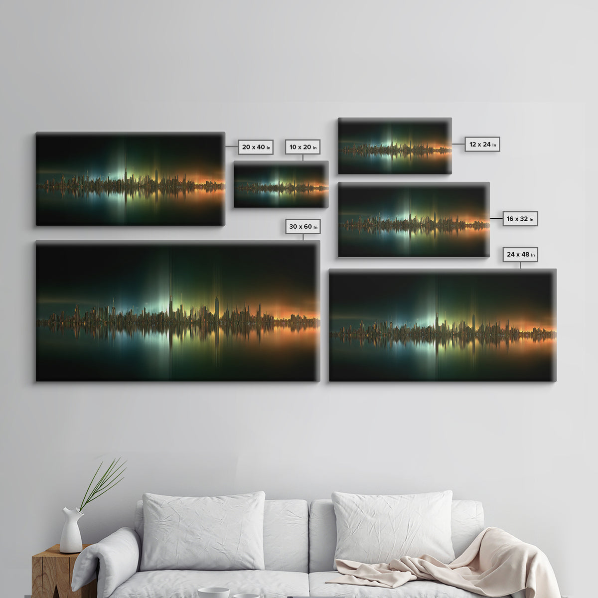 Sleek Chrome City Skyline Framed Canvas Print, Futuristic Art, Contemporary Art, Living Room Decor, Fine Art, Future, FUT-2x1-45