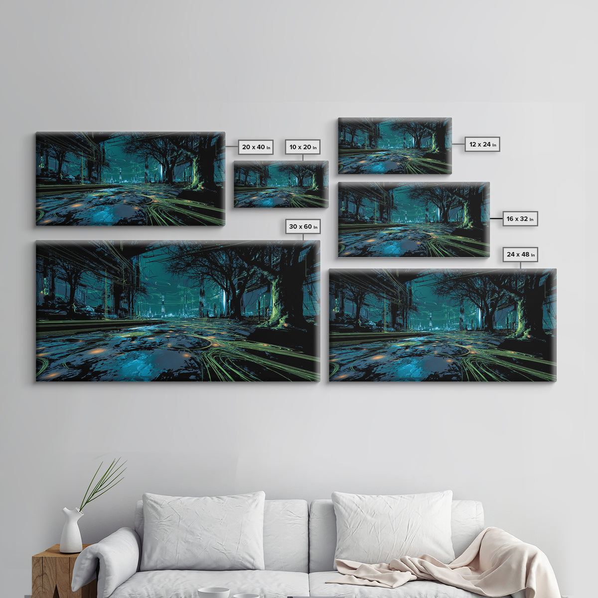 Bioluminescent Garden in a Future Habitat Canvas Print, Futuristic Art, Living Room Decor, Watercolor Art, Future, FUT-2x1-48