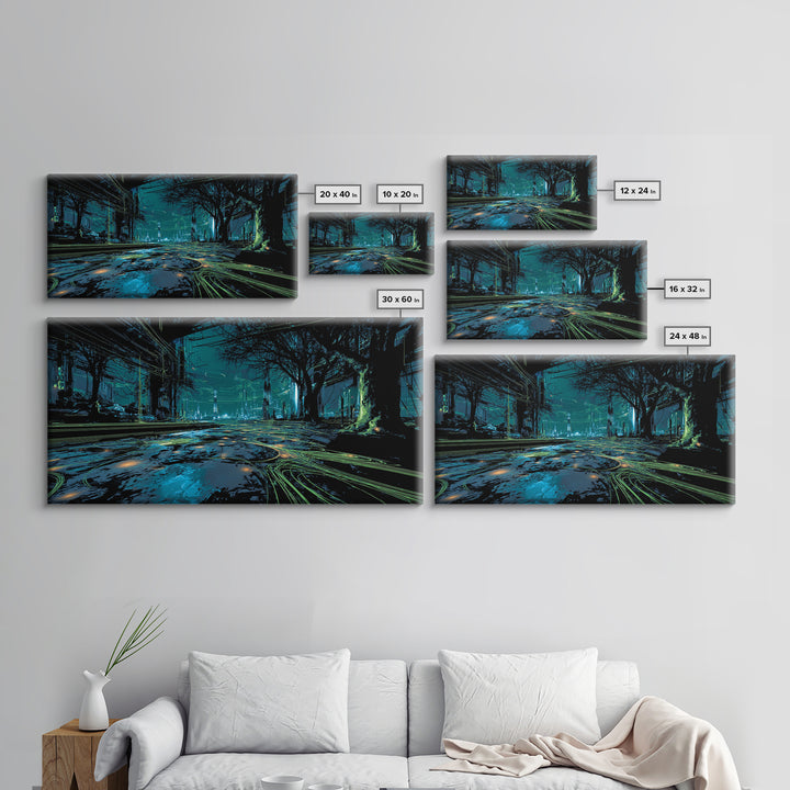 Bioluminescent Garden in a Future Habitat Canvas Print, Futuristic Art, Living Room Decor, Watercolor Art, Future, FUT-2x1-48