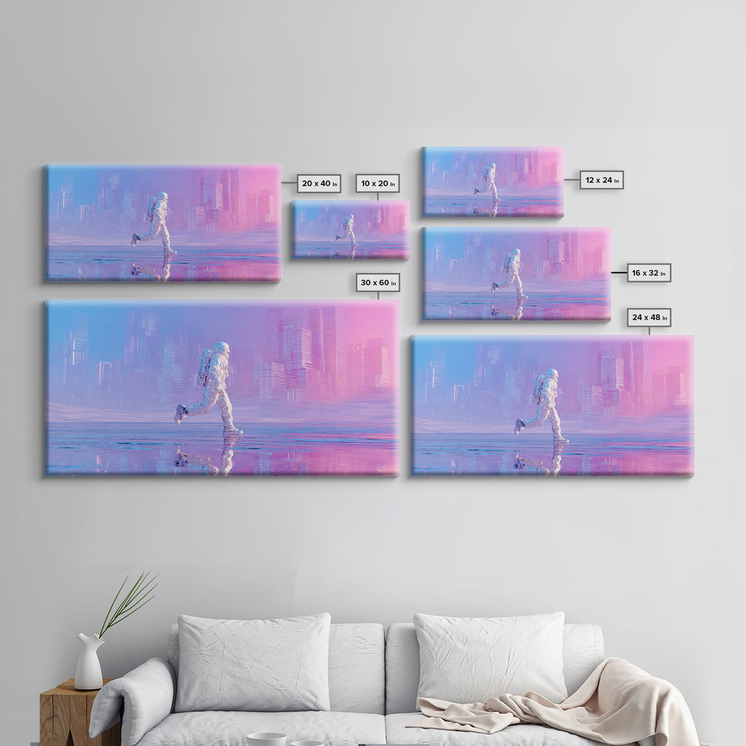 Silver Astronaut Walking Through Neon Desert Canvas Print, Futuristic Art, Victorian Decor, Living Room Decor, Fine Art, Future, FUT-2x1-49