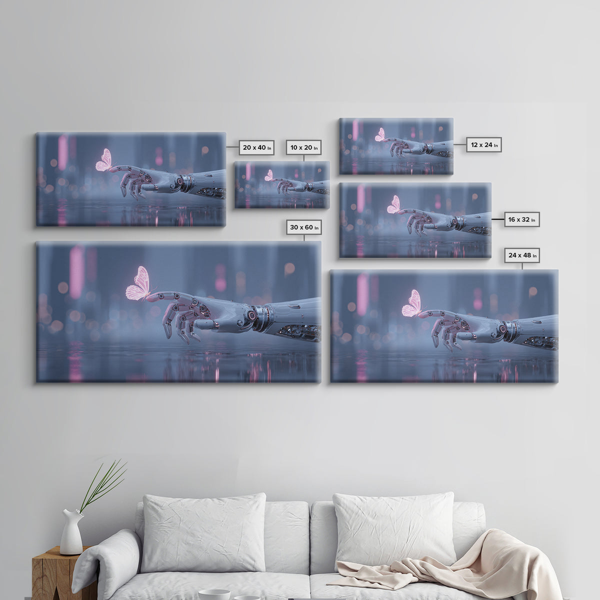 Robotic Hand Holding a Delicate Butterfly Canvas Print, Futuristic Art, Mid Century Modern, Living Room Decor, Fine Art, Future, FUT-2x1-52
