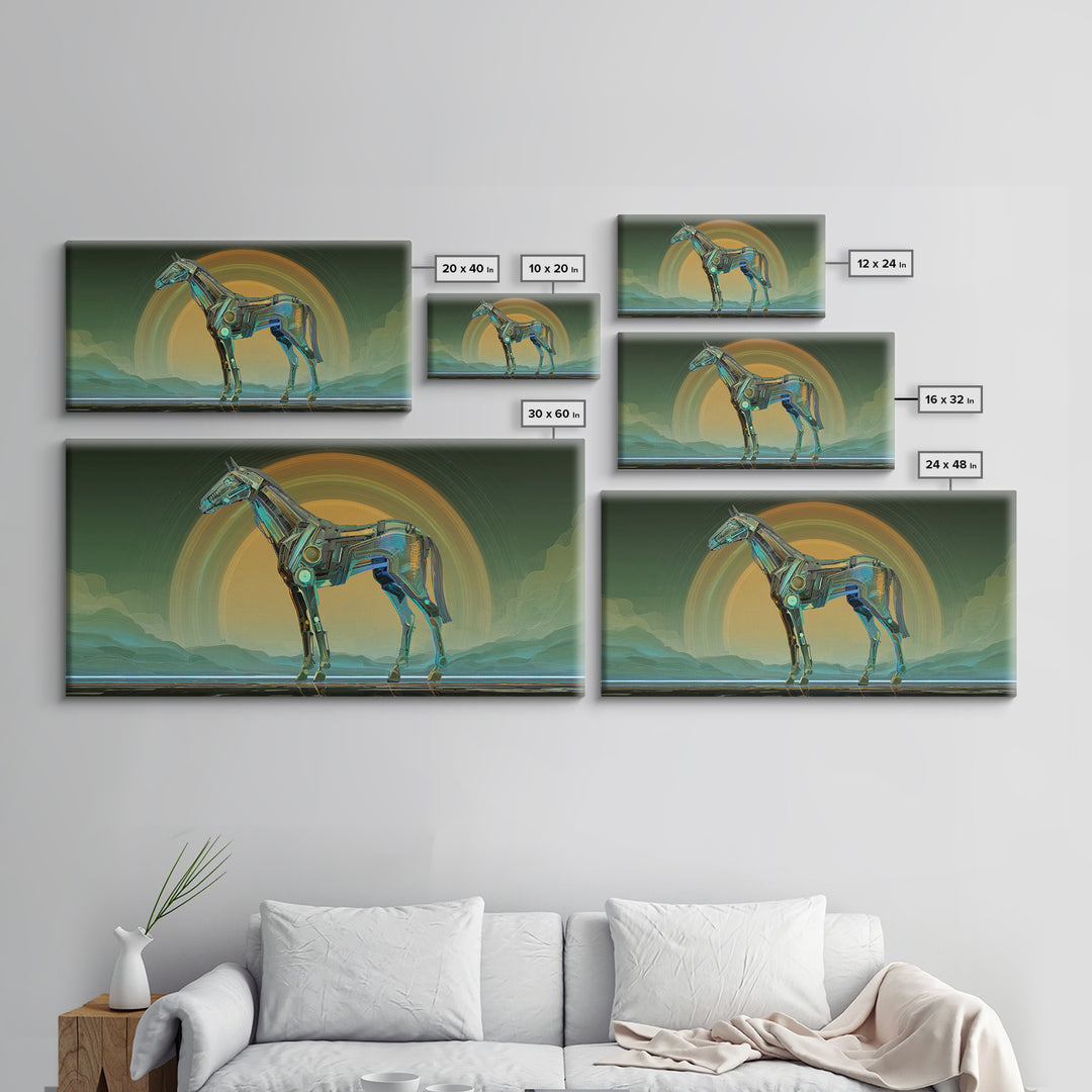 Cybernetic Horse in a Luminous Field Canvas Print, Futuristic Art, Digital Poster, Living Room Decor, Fine Art, Future, FUT-2x1-57