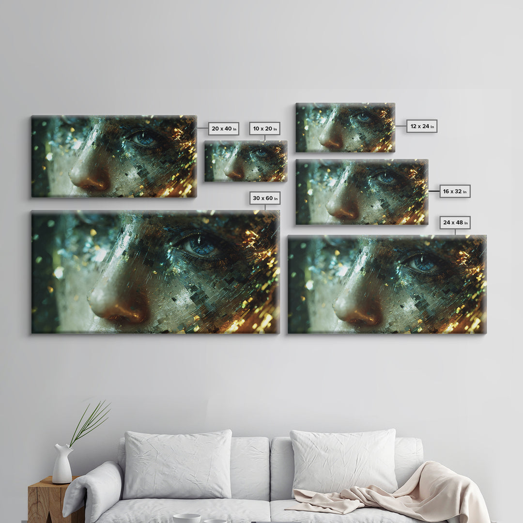 Abstract Ai Face Formed from Light Fragments Canvas Print, Futuristic Art, Extra Large Wall Art, Living Room Decor, Future, FUT-2x1-70