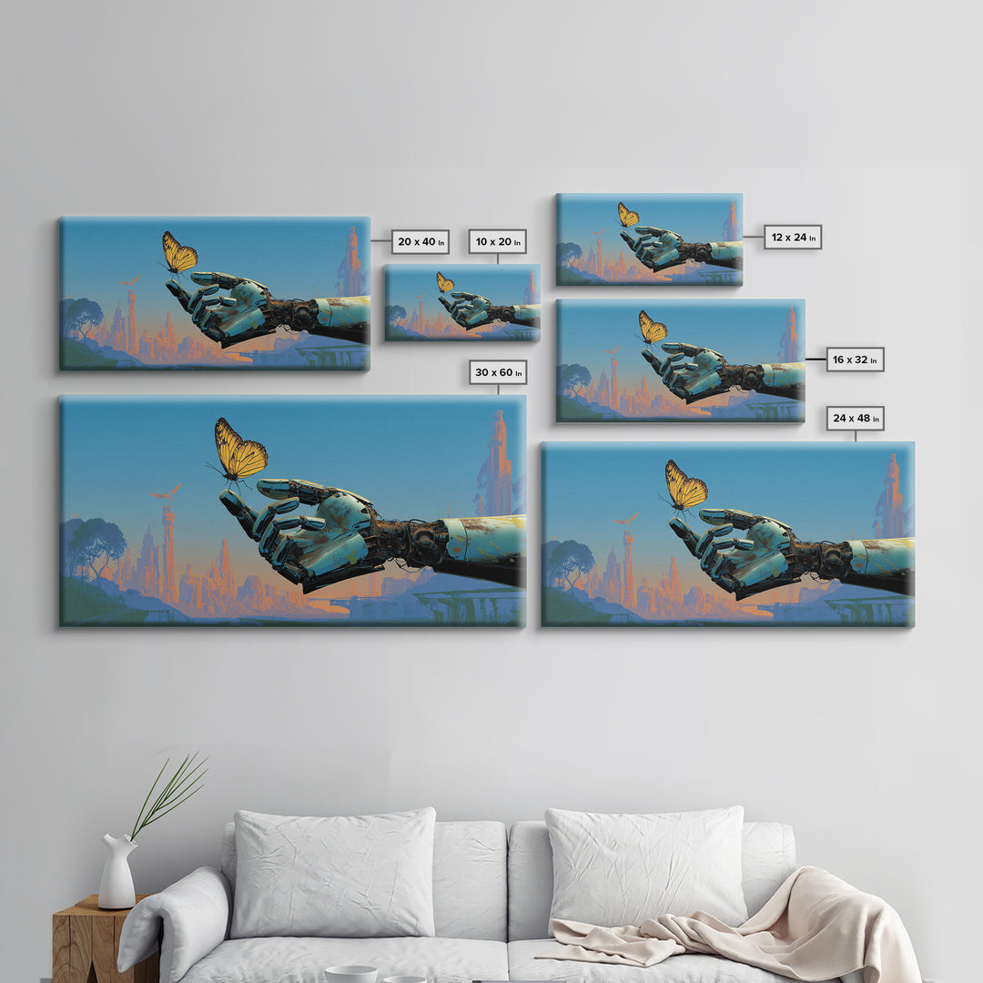 Robotic Hand Holding a Delicate Butterfly Canvas Print, Futuristic Art, Landscape Art, Living Room Decor, Fine Art, Future, FUT-2x1-76