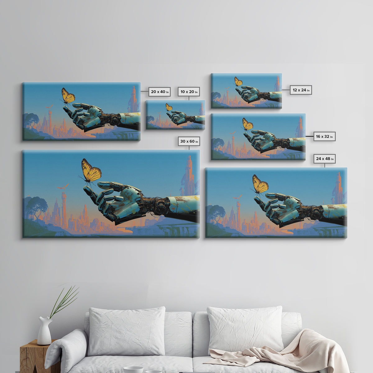 Robotic Hand Holding a Delicate Butterfly Canvas Print, Futuristic Art, Landscape Art, Living Room Decor, Fine Art, Future, FUT-2x1-76