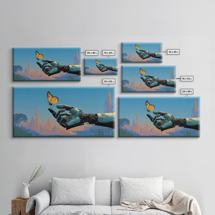 Robotic Hand Holding a Delicate Butterfly Canvas Print, Futuristic Art, Landscape Art, Living Room Decor, Fine Art, Future, FUT-2x1-76