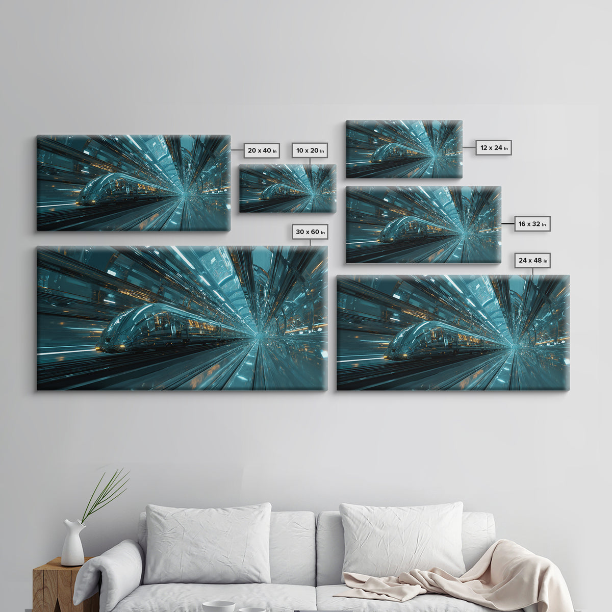 Transparent Train Speeding Through Light Tunnels Canvas Print, Futuristic Art, Fine Art Print, Living Room Decor, Future, FUT-2x1-79