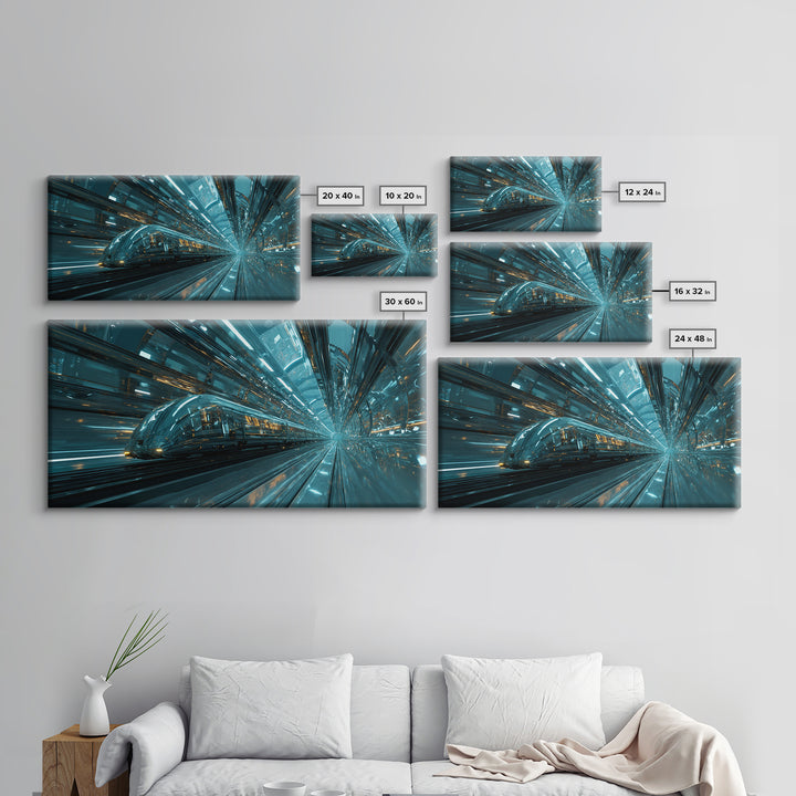 Transparent Train Speeding Through Light Tunnels Canvas Print, Futuristic Art, Fine Art Print, Living Room Decor, Future, FUT-2x1-79