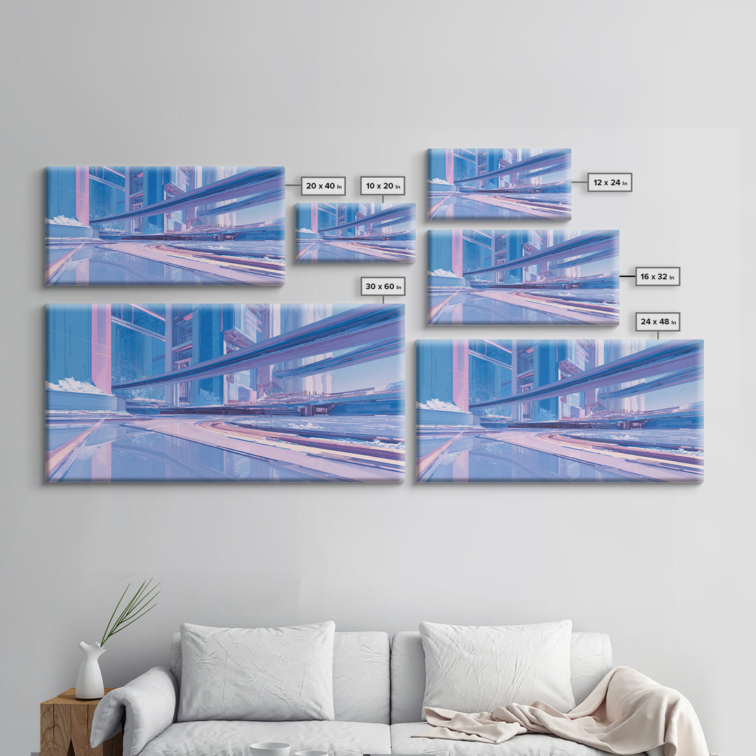 White and Blue Utopian Megastructure Framed Canvas Print, Futuristic Art, Colorful Wall Art, Living Room Decor, Future, FUT-2x1-80
