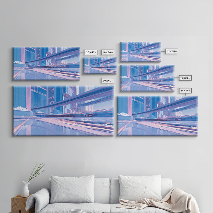 White and Blue Utopian Megastructure Framed Canvas Print, Futuristic Art, Colorful Wall Art, Living Room Decor, Future, FUT-2x1-80