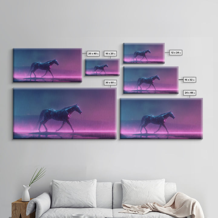 Cybernetic Horse in a Luminous Field Framed Canvas Print, Futuristic Art, Eclectic Home Decor, Living Room Decor, FUT-2x1-81