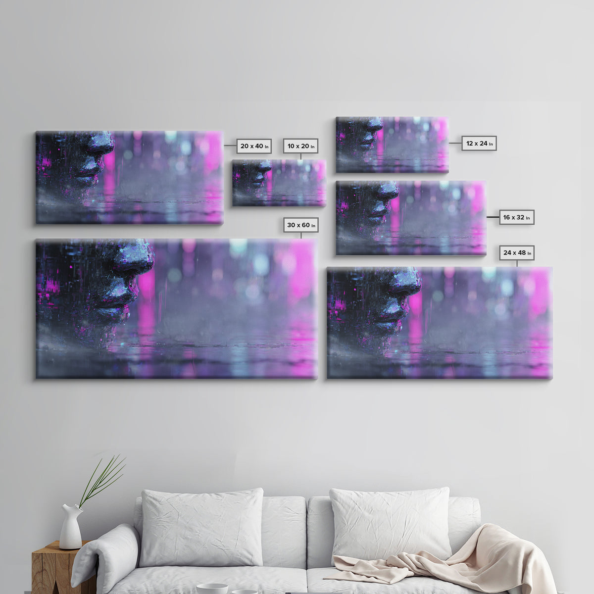 Abstract Ai Face Formed from Light Fragments Canvas Print, Futuristic Art, Extra Large Wall Art, Living Room Decor, Future, FUT-2x1-94