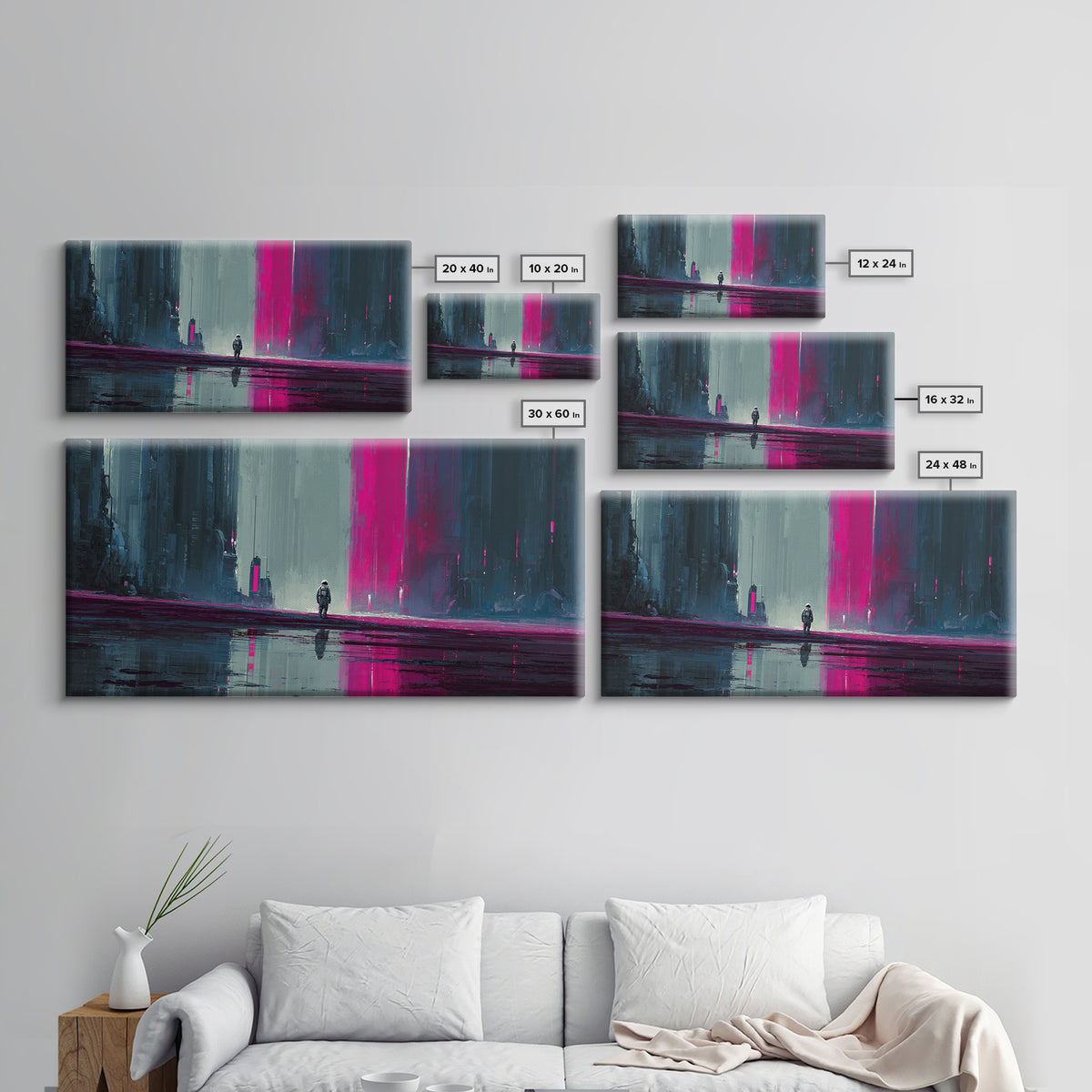 Silver Astronaut Walking Through Neon Desert Framed Canvas Print, Futuristic Art, Modern Decor, Living Room Decor, Future, FUT-2x1-97