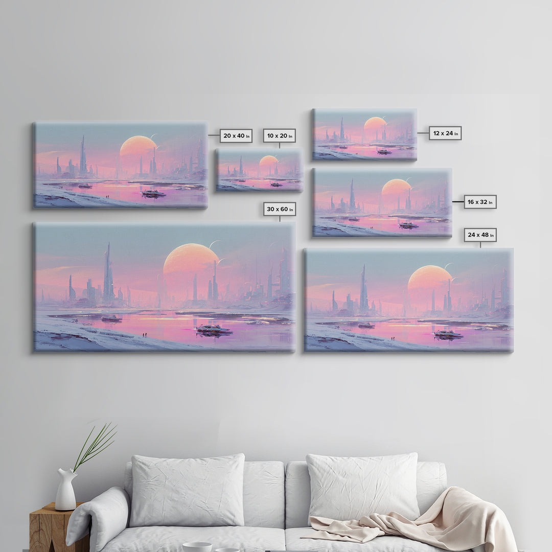 Minimal Spacecraft over a Clean Planet Horizon Canvas Print, Futuristic Art, Contemporary Art, Living Room Decor, Future, FUT-2x1-99