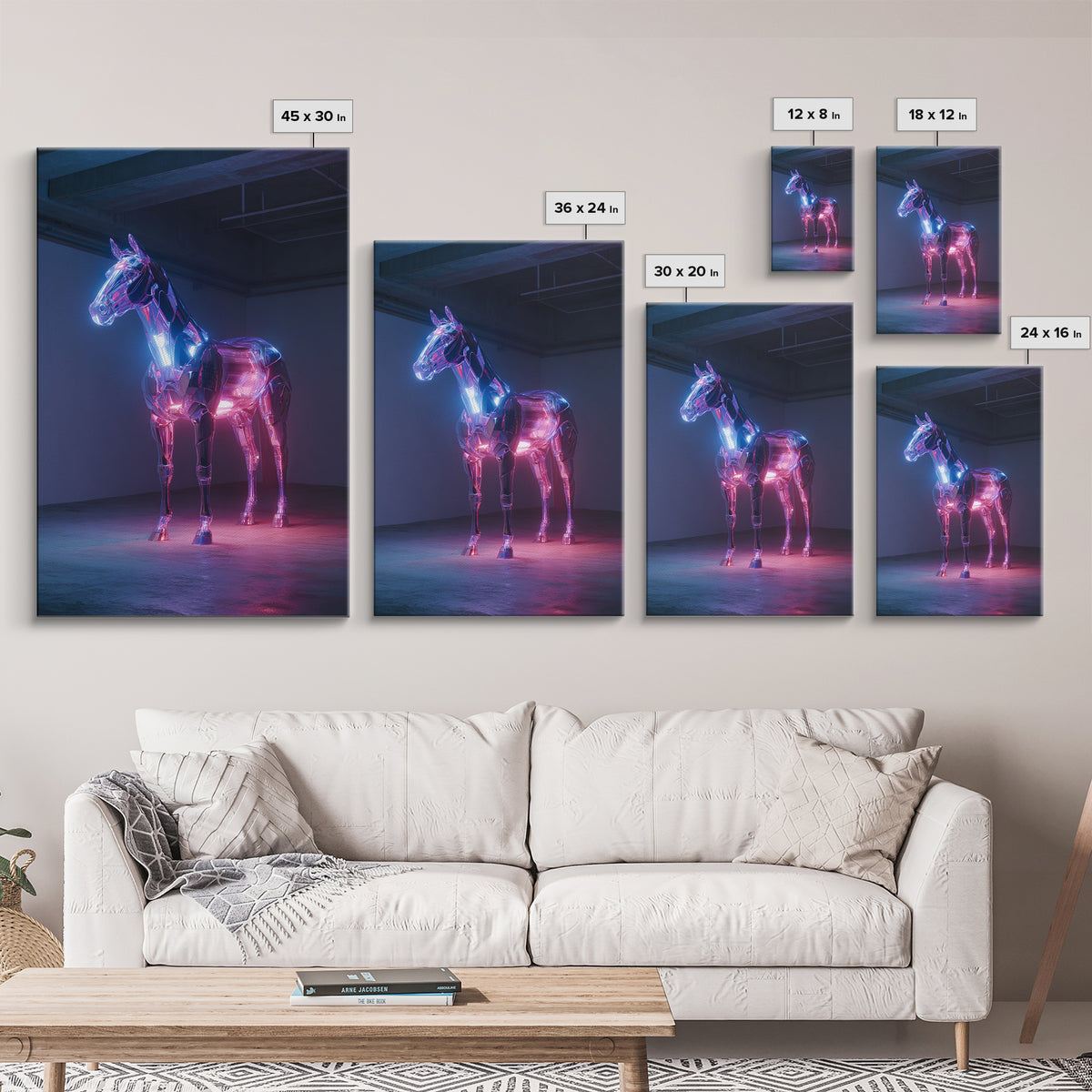 Cybernetic Horse in a Luminous Field Framed Canvas Print, Futuristic Art, Cyberpunk Decor, Living Room Decor, Oil Painting, FUT-2x3-21