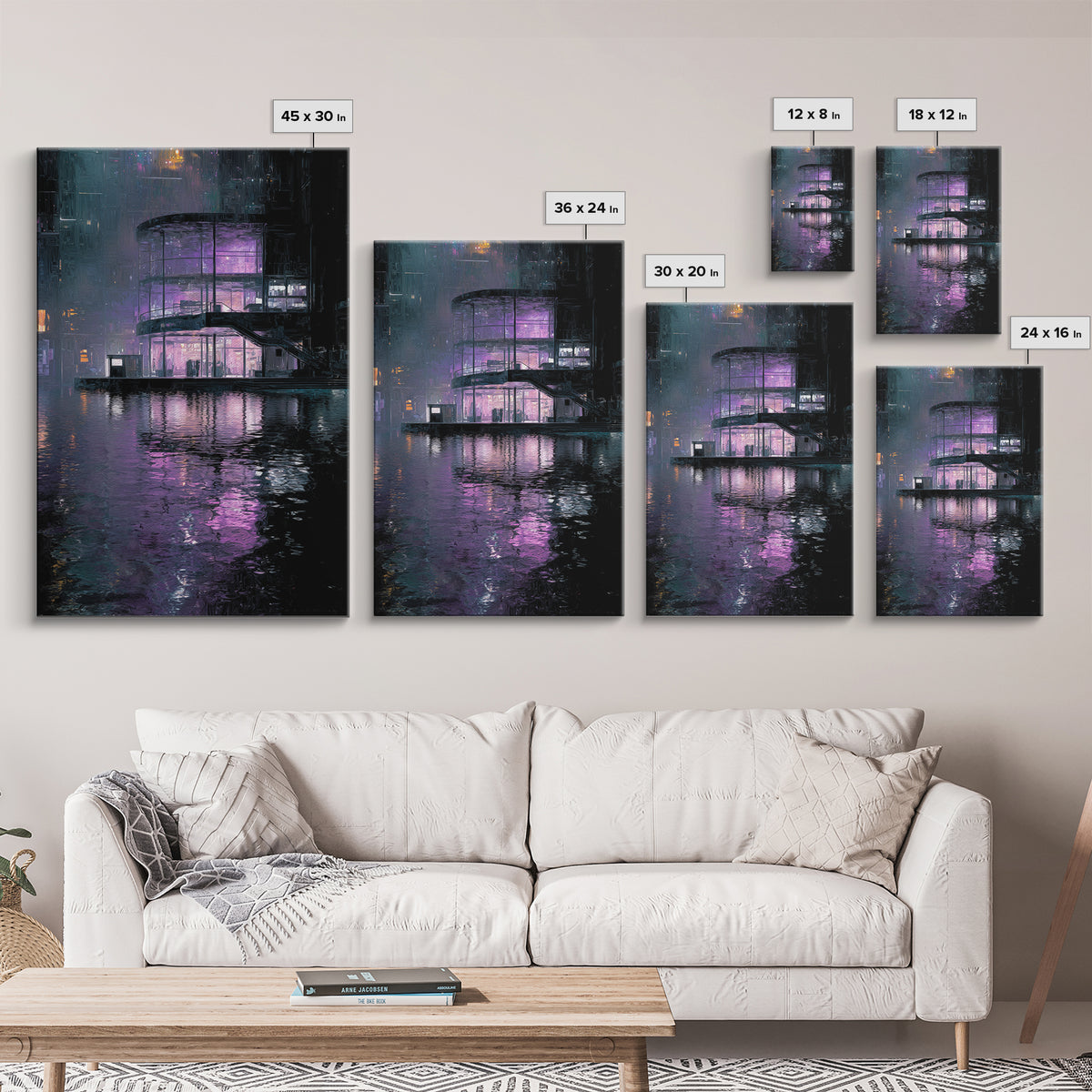 Floating Glass Architecture Above Reflective Water Canvas Print, Futuristic Art, Neutral Decor, Living Room Decor, Future, FUT-2x3-35