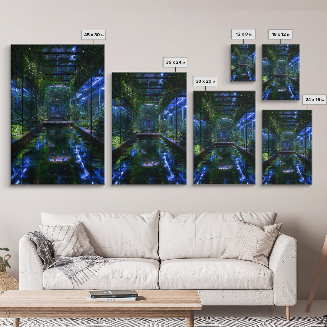 Bioluminescent Garden in a Future Habitat Framed Canvas Print, Futuristic Art, Printable Wall Art, Living Room Decor, Future, FUT-2x3-36