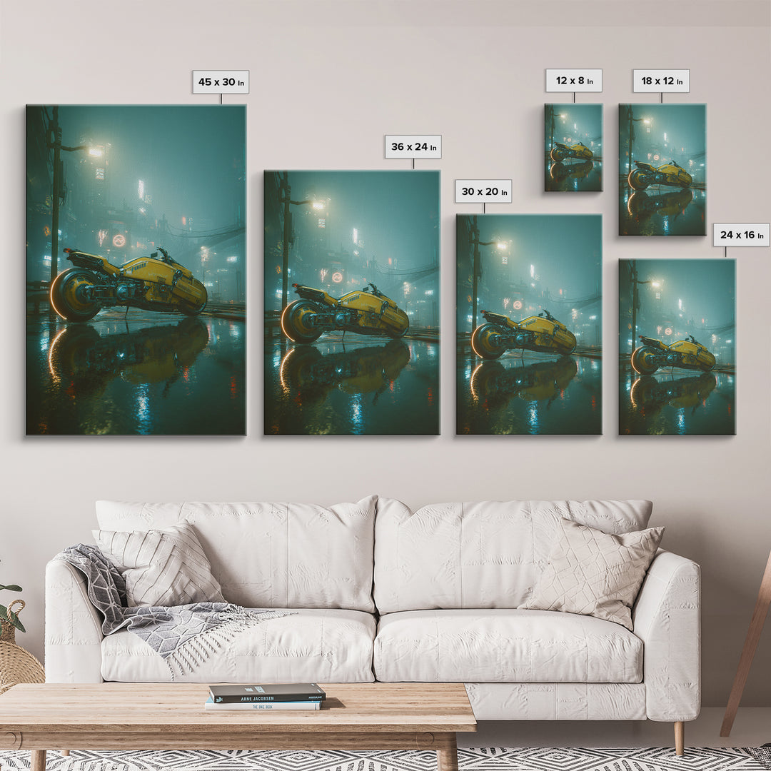 High Speed Hover Bike Trail of Light Framed Canvas Print, Futuristic Art, Modern Art, Living Room Decor, Fine Art, Future, FUT-2x3-4