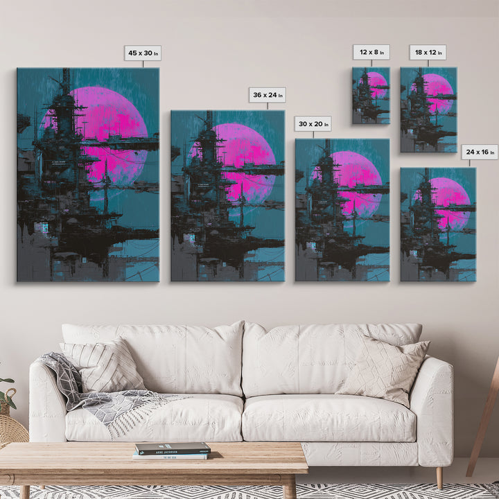 Moon Colony Silhouette Framed Canvas Print, Futuristic Art, Modern Wall Decor, Living Room Decor, Oil Painting, Future, FUT-2x3-53