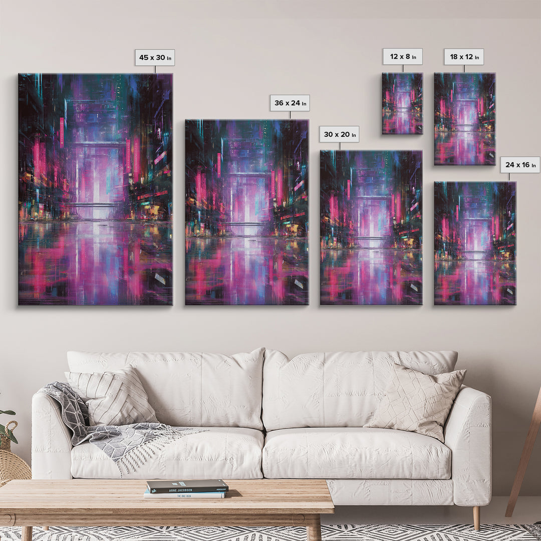 Digital Aurora Above a Clean White City Framed Canvas Print, Futuristic Art, Modern Art, Living Room Decor, Abstract Art, FUT-2x3-56