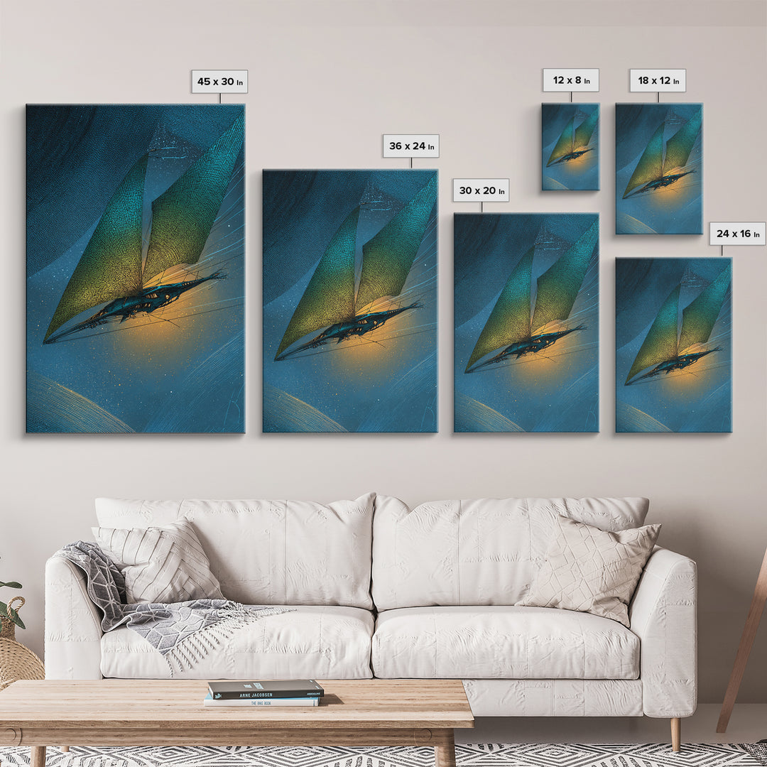 Solar Sail Ship Crossing Star Filled Space Framed Canvas Print, Futuristic Art, Statement Artwork, Living Room Decor, Future, FUT-2x3-73
