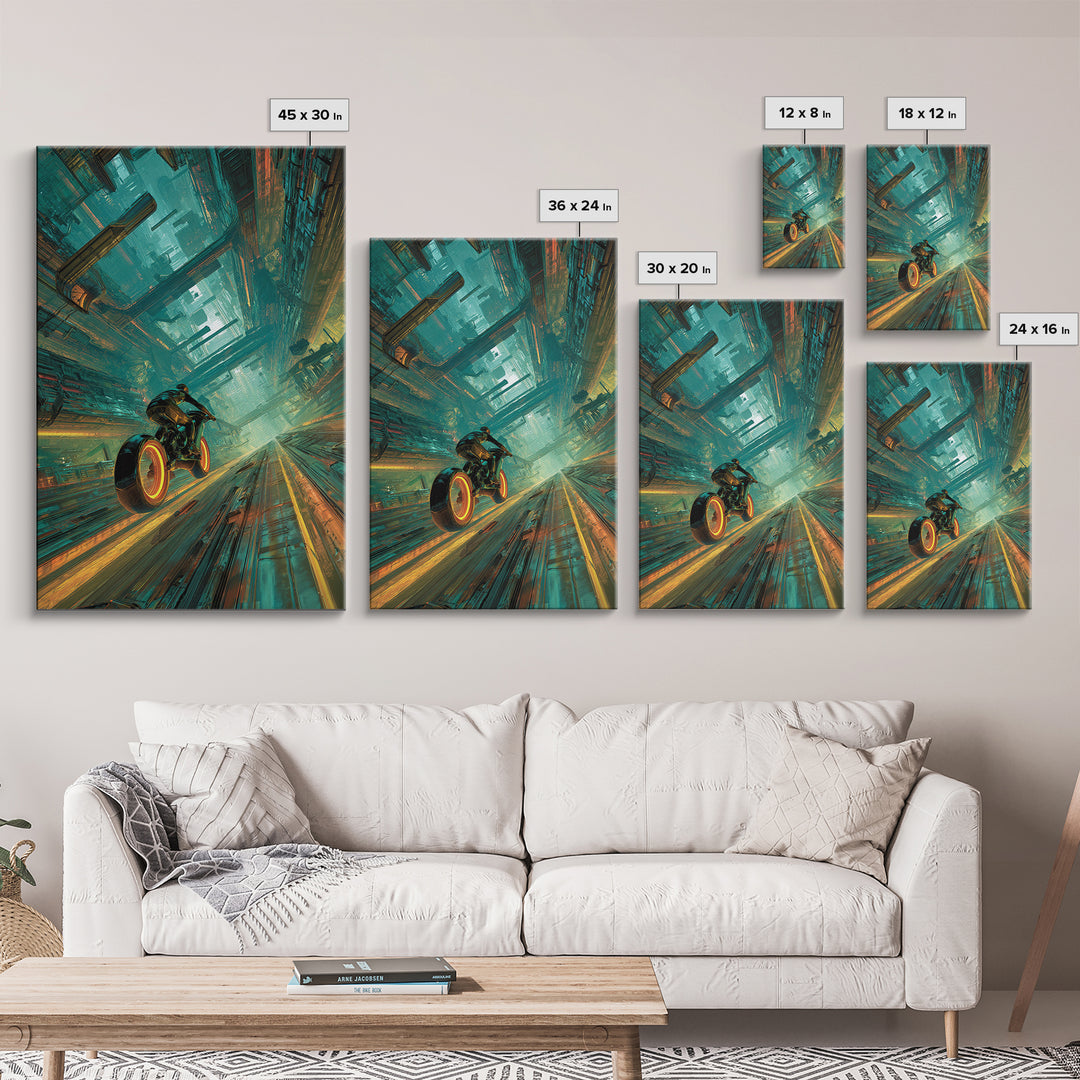 High Speed Hover Bike Trail of Light Framed Canvas Print, Futuristic Art, Room Decor, Living Room Decor, Fine Art, Future, FUT-2x3-76