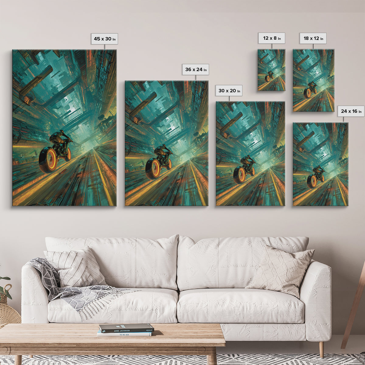 High Speed Hover Bike Trail of Light Framed Canvas Print, Futuristic Art, Room Decor, Living Room Decor, Fine Art, Future, FUT-2x3-76