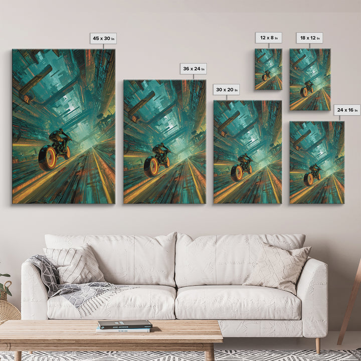 High Speed Hover Bike Trail of Light Framed Canvas Print, Futuristic Art, Room Decor, Living Room Decor, Fine Art, Future, FUT-2x3-76