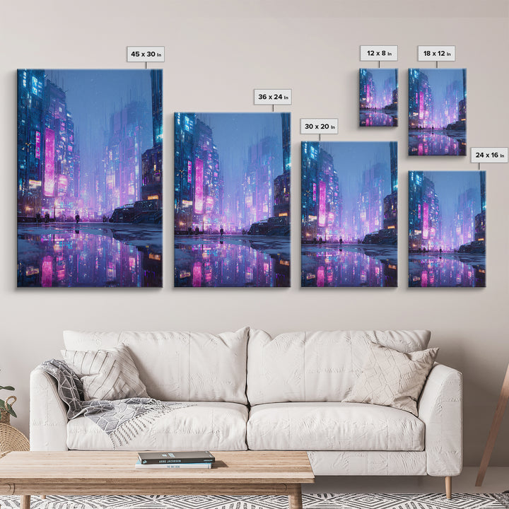 Digital Aurora Above a Clean White City Framed Canvas Print, Futuristic Art, Digital Art, Living Room Decor, Oil Painting, FUT-2x3-8