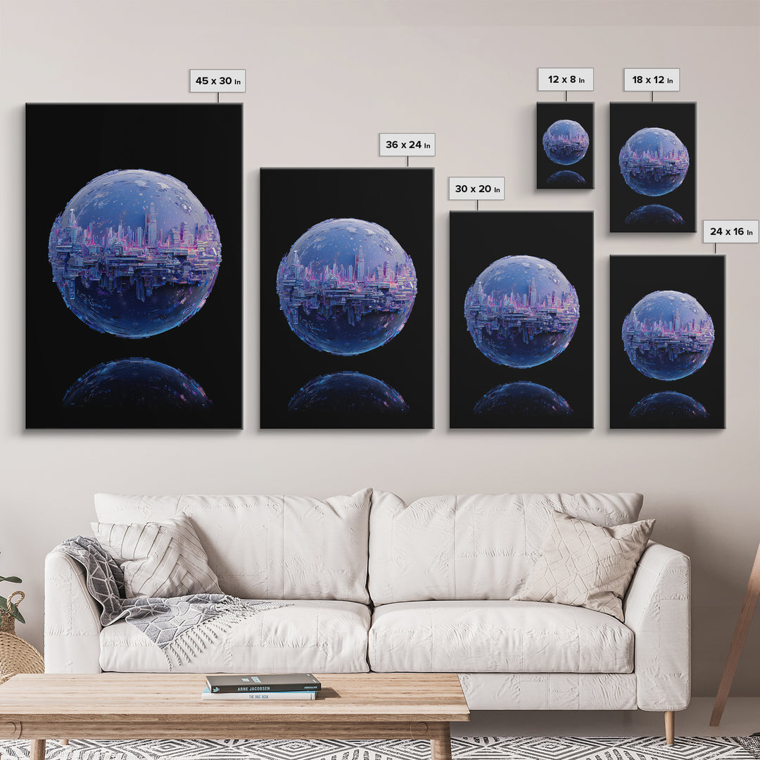 Orbital City Ring Around a Blue Planet Framed Canvas Print, Futuristic Art, Unique Home Decor, Living Room Decor, Future, FUT-2x3-90