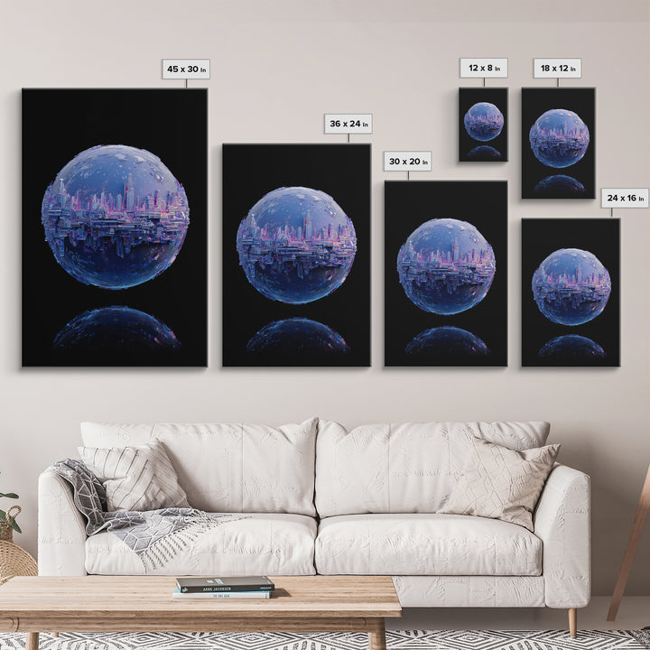 Orbital City Ring Around a Blue Planet Framed Canvas Print, Futuristic Art, Unique Home Decor, Living Room Decor, Future, FUT-2x3-90