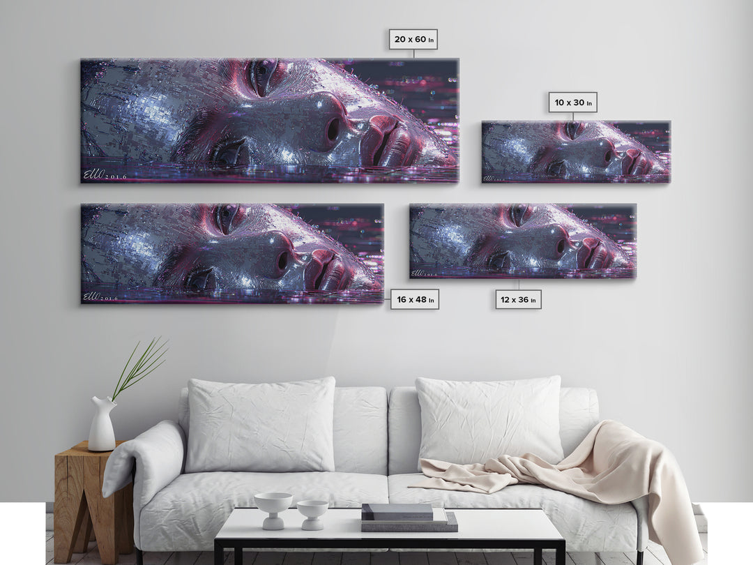 Abstract Ai Face Formed from Light Fragments Framed Canvas Print, Futuristic Art, Digital Poster, Living Room Decor, Future, FUT-3x1-18