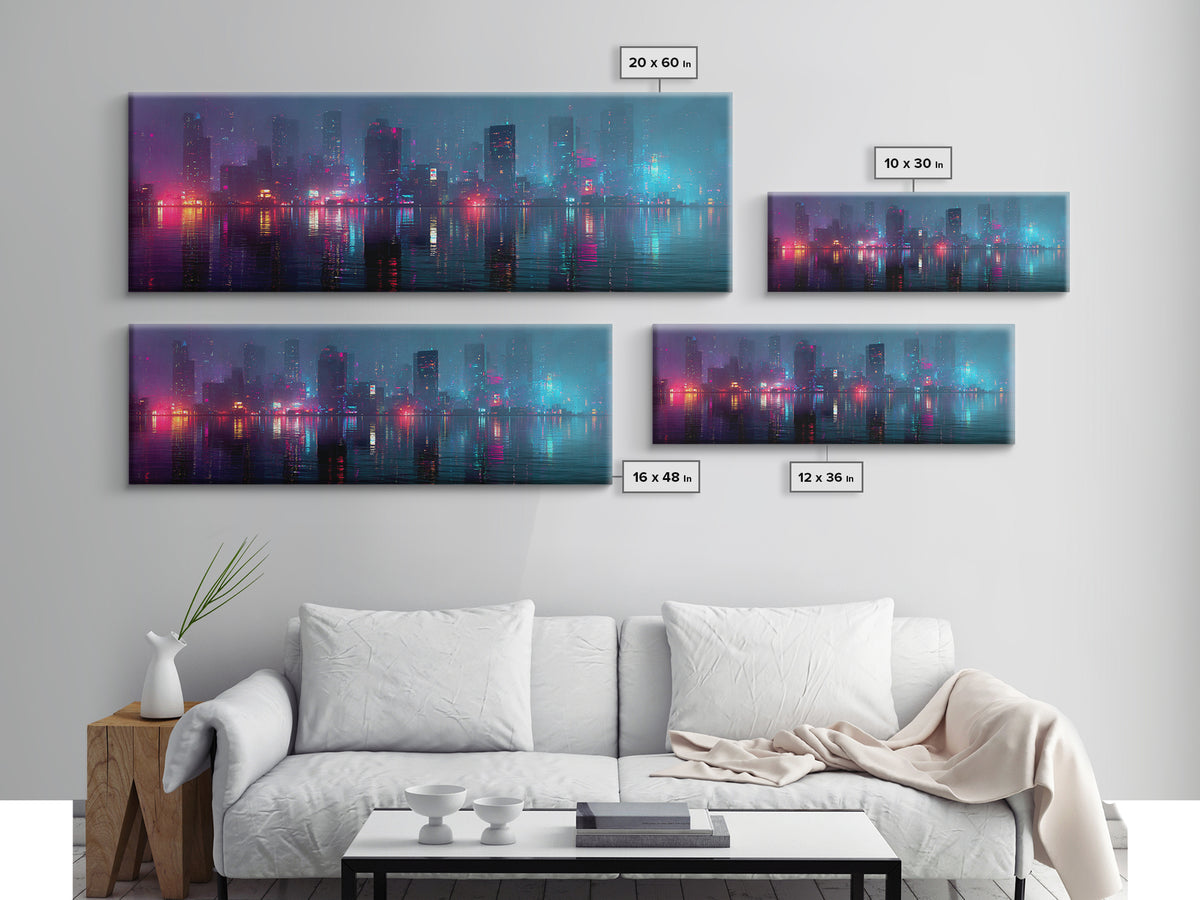 Floating Glass Architecture Above Reflective Water Canvas Print, Futuristic Art, Living Room Decor, Watercolor Art, Future, FUT-3x1-19