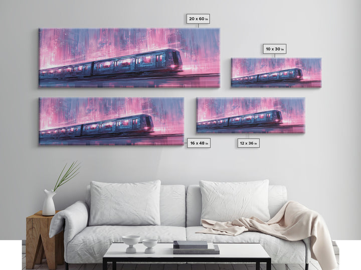 Transparent Train Speeding Through Light Tunnels Framed Canvas Print, Futuristic Art, Art Print, Living Room Decor, Future, FUT-3x1-27