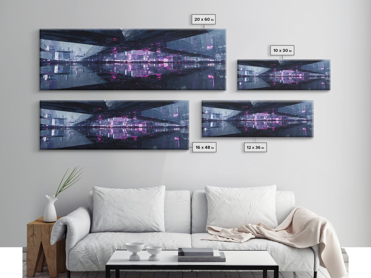 Floating Glass Architecture Above Reflective Water Canvas Print, Futuristic Art, Unique Wall Art, Living Room Decor, Future, FUT-3x1-43